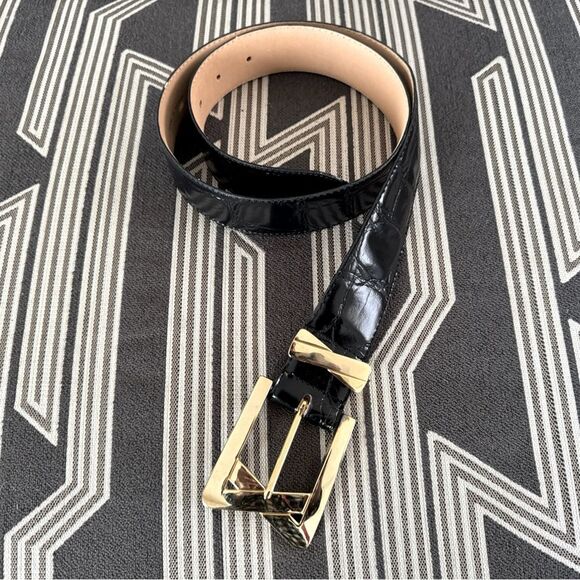 VTG Donna Katz Black Leather Croc Gold Buckle Belt Size L - Picture 2 of 9
